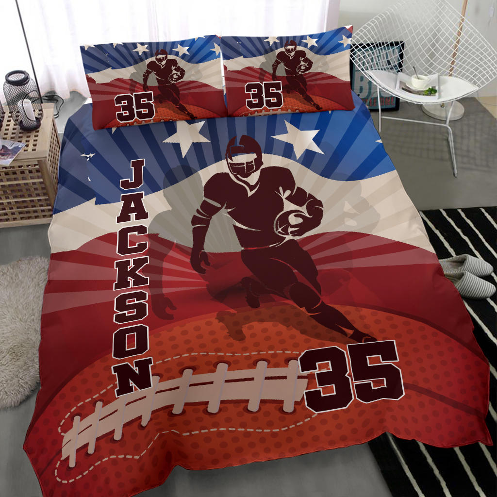Personalized Football Duvet Cover Set, Football Vintage Retro Player Gift Idea Red Duvet Cover & Pillowcases, Custom Name Number Bedding Set