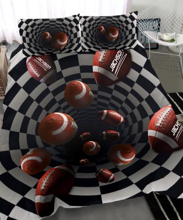 Personalized Football Duvet Cover Set, Football Ball 3D Hole Player Gift Idea Checkered Duvet Cover & Pillowcases, Custom Name Bedding Set