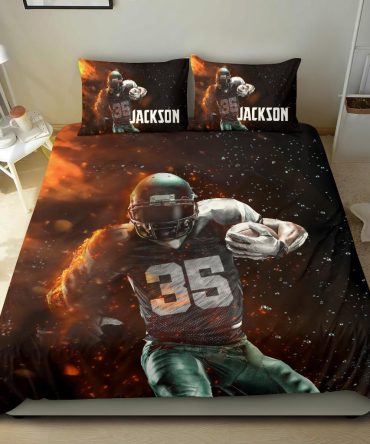 Personalized Football Duvet Cover Set, Football Strong Player Gift Idea Light Duvet Cover & Pillowcases, Custom Name Number Bedding Set