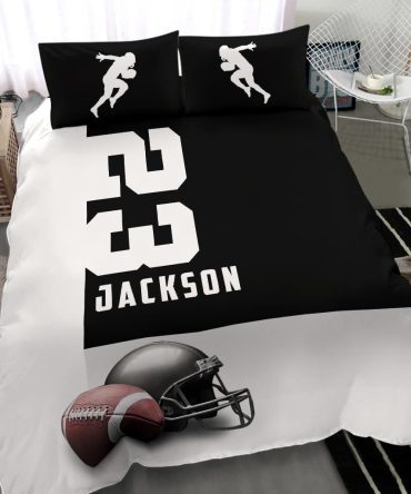 Personalized Football Duvet Cover Set, Football Ball Helmet Black White Player Gift Duvet Cover & Pillowcases, Custom Name Number Bedding Set