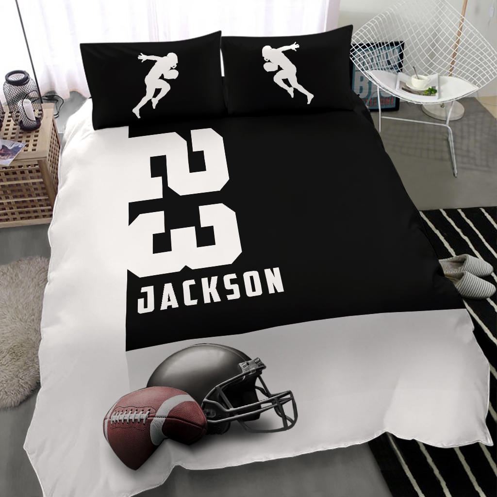 Personalized Football Duvet Cover Set, Football Ball Helmet Black White Player Gift Duvet Cover & Pillowcases, Custom Name Number Bedding Set - Image 2