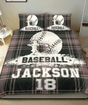Personalized Baseball Duvet Cover Set, Baseball Ball Pitcher Checkered Player Gift Duvet Cover & Pillowcases, Custom Name Number Bedding Set