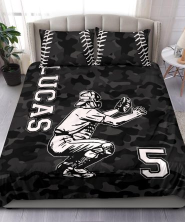 Personalized Baseball Duvet Cover Set, Baseball Catcher Black Camo Player Gift Idea Duvet Cover & Pillowcases, Custom Name Number Bedding Set