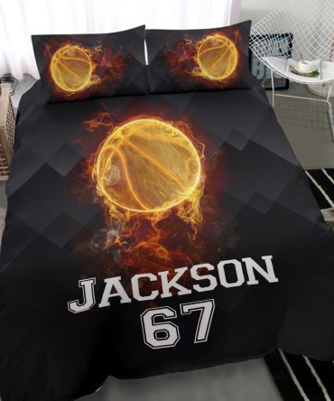 Personalized Basketball Duvet Cover Set, Basketball Lover Fire Ball Player Gift Black Duvet Cover & Pillowcases, Custom Name Number Bedding Set