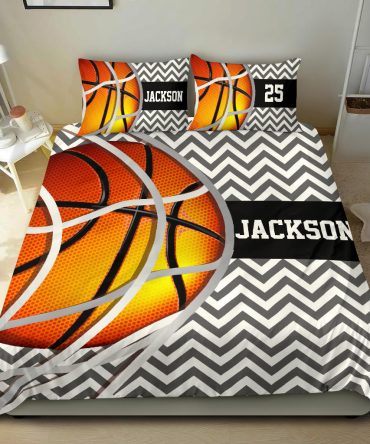 Personalized Basketball Duvet Cover Set, Basketball Ball Zigzag Player Gift Idea Duvet Cover & Pillowcases, Custom Name Number Bedding Set