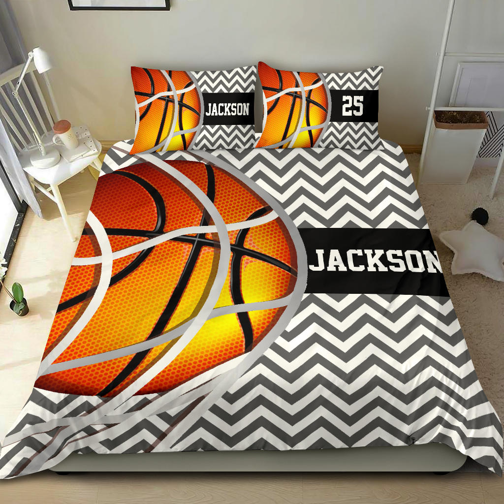 Personalized Basketball Duvet Cover Set, Basketball Ball Zigzag Player Gift Idea Duvet Cover & Pillowcases, Custom Name Number Bedding Set