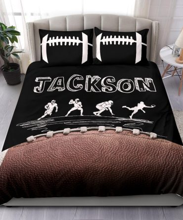 Personalized Football Duvet Cover Set, Football Doodle Player Gift Idea Black Duvet Cover & Pillowcases, Custom Name Number Bedding Set