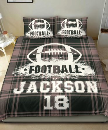 Personalized Football Duvet Cover Set, Football Ball Checkered Player Gift Plaid Duvet Cover & Pillowcases, Custom Name Number Bedding Set