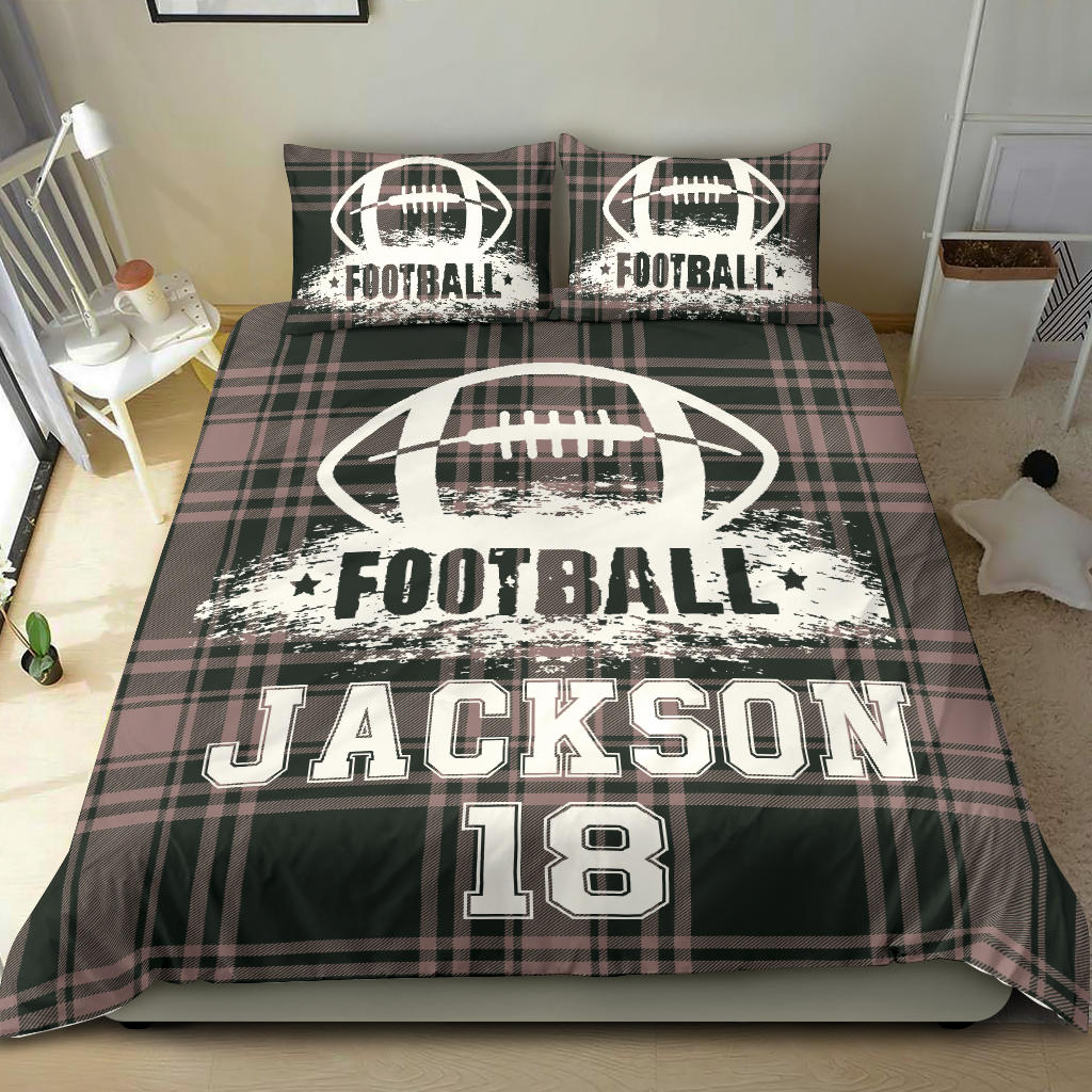 Personalized Football Duvet Cover Set, Football Ball Checkered Player Gift Plaid Duvet Cover & Pillowcases, Custom Name Number Bedding Set