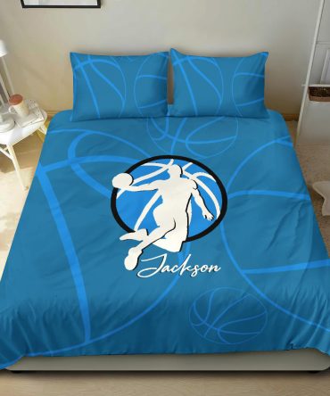 Personalized Basketball Duvet Cover Set, Basketball Boy Blue Player Gift Idea Duvet Cover & Pillowcases, Custom Name Bedding Set