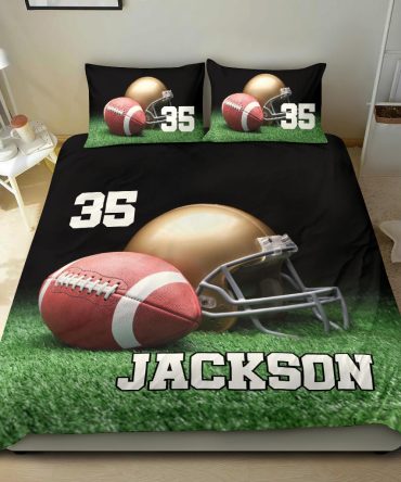 Personalized Football Duvet Cover Set, Football Ball Helmet On Grass Player Gift Duvet Cover & Pillowcases, Custom Name Number Bedding Set
