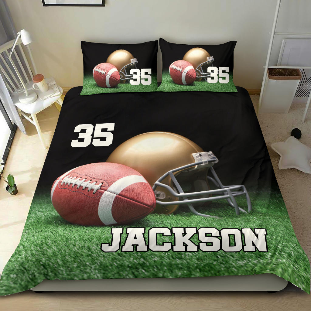 Personalized Football Duvet Cover Set, Football Ball Helmet On Grass Player Gift Duvet Cover & Pillowcases, Custom Name Number Bedding Set