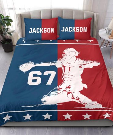 Personalized Baseball Duvet Cover Set, Baseball Boy Red And Blue Player Gift Idea Duvet Cover & Pillowcases, Custom Name Number Bedding Set