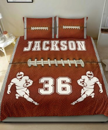 Personalized Football Duvet Cover Set, Football Ball Boy Player Gift Idea Brown Duvet Cover & Pillowcases, Custom Name Number Bedding Set