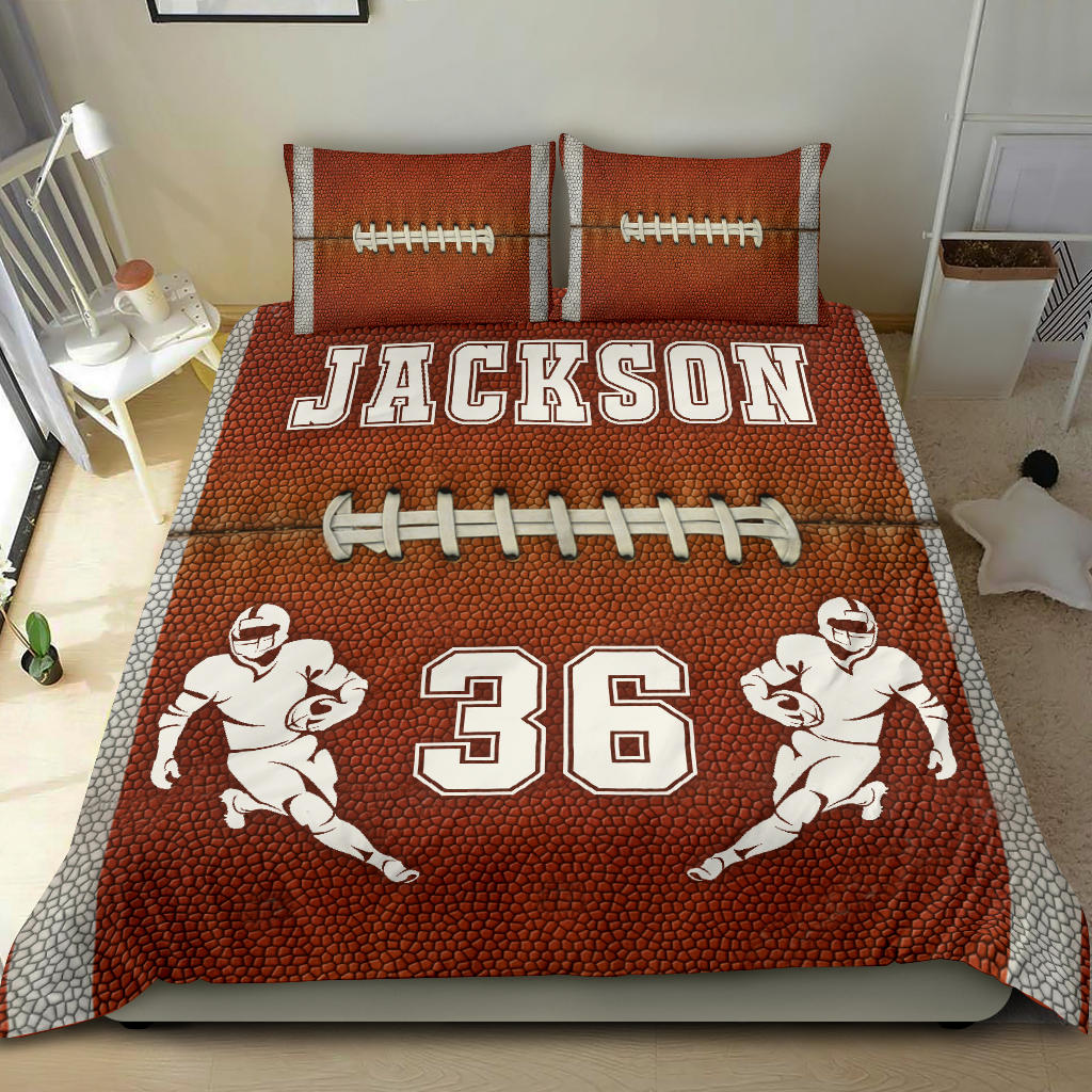 Personalized Football Duvet Cover Set, Football Ball Boy Player Gift Idea Brown Duvet Cover & Pillowcases, Custom Name Number Bedding Set - Image 2