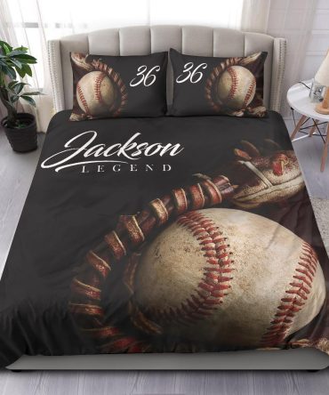 Personalized Baseball Duvet Cover Set, Baseball Vintage Ball Glove Player Gift Idea Duvet Cover & Pillowcases, Custom Name Number Bedding Set