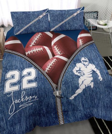 Personalized Football Duvet Cover Set, Football Ball Zip Jean Blue Player Gift Idea Duvet Cover & Pillowcases, Custom Name Number Bedding Set
