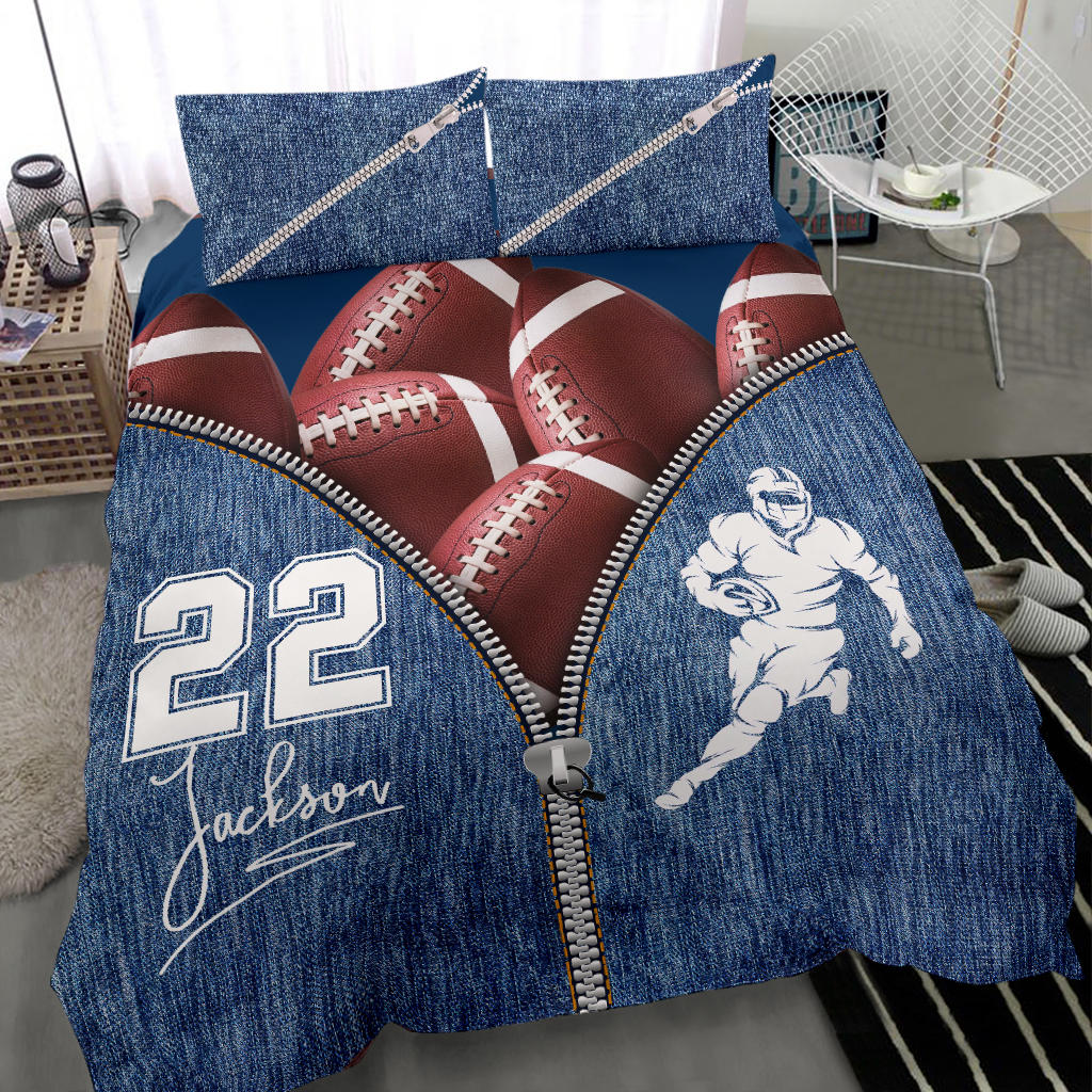 Personalized Football Duvet Cover Set, Football Ball Zip Jean Blue Player Gift Idea Duvet Cover & Pillowcases, Custom Name Number Bedding Set - Image 2