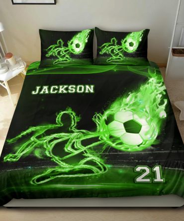 Personalized Soccer Duvet Cover Set, Soccer Boy Ball Green Fire Player Gift Idea Duvet Cover & Pillowcases, Custom Name Number Bedding Set