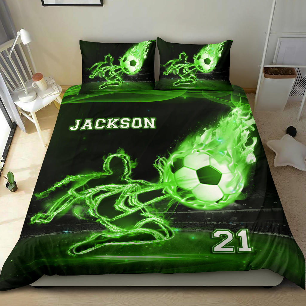 Personalized Soccer Duvet Cover Set, Soccer Boy Ball Green Fire Player Gift Idea Duvet Cover & Pillowcases, Custom Name Number Bedding Set - Image 2