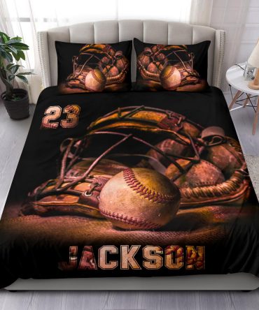 Personalized Baseball Duvet Cover Set, Baseball Ball Helmet Vintage Unique Gift Duvet Cover & Pillowcases, Custom Name Number Bedding Set