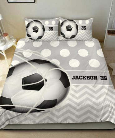 Personalized Soccer Duvet Cover Set, Soccer Ball Grey Zig Zag Player Gift Idea Duvet Cover & Pillowcases, Custom Name Number Bedding Set