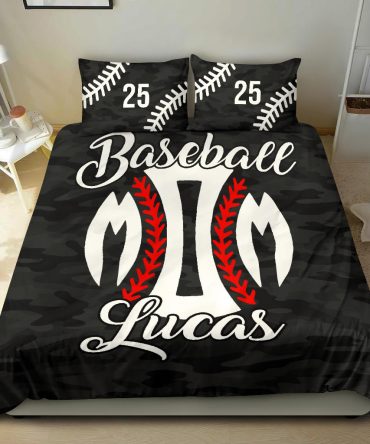 Personalized Baseball Duvet Cover Set, Baseball Mom Black Camo Player Gift Idea Duvet Cover & Pillowcases, Custom Name Number Bedding Set