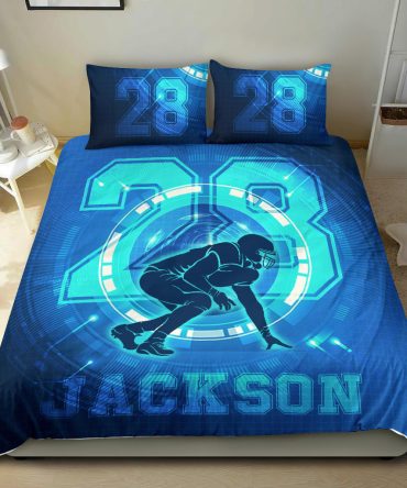 Personalized Football Duvet Cover Set, Football Boy Blue Digital Player Gift Idea Duvet Cover & Pillowcases, Custom Name Number Bedding Set