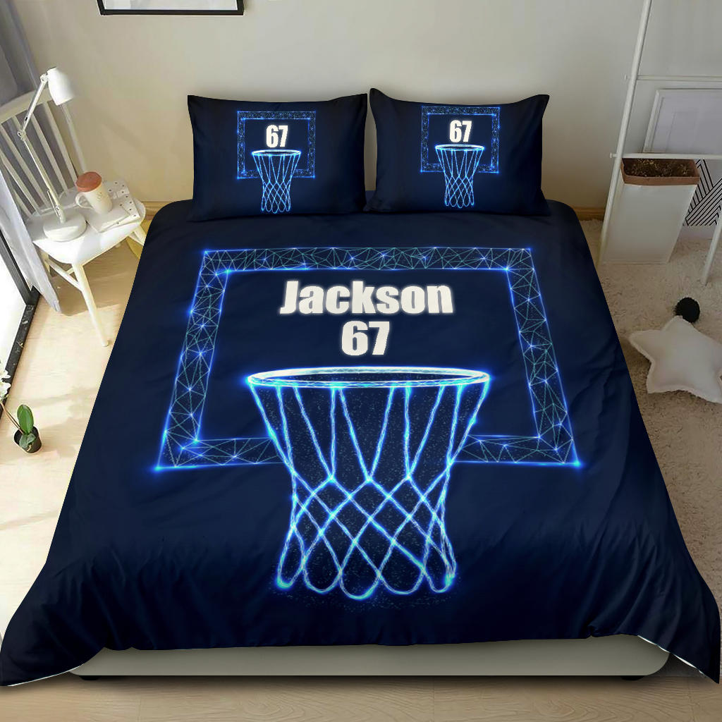 Personalized Basketball Duvet Cover Set, Basketball Basket Blue Digital Player Gift Duvet Cover & Pillowcases, Custom Name Number Bedding Set