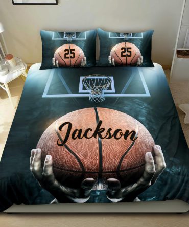 Personalized Basketball Duvet Cover Set, Basketball Ball Throwing Player Gift Idea Duvet Cover & Pillowcases, Custom Name Number Bedding Set