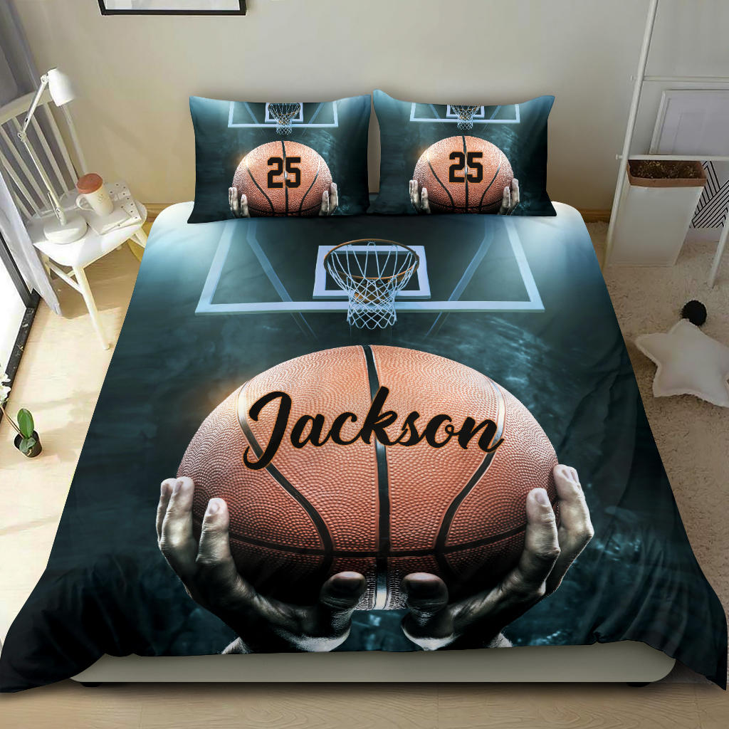 Personalized Basketball Duvet Cover Set, Basketball Ball Throwing Player Gift Idea Duvet Cover & Pillowcases, Custom Name Number Bedding Set