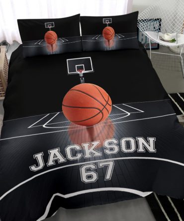 Personalized Basketball Duvet Cover Set, Basketball Ball Dream Player Gift Idea Black Duvet Cover & Pillowcases, Custom Name Number Bedding Set