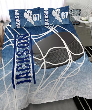 Personalized Hockey Duvet Cover Set, Ice Hockey Puck Player Gift Idea Blue White Duvet Cover & Pillowcases, Custom Name Number Bedding Set