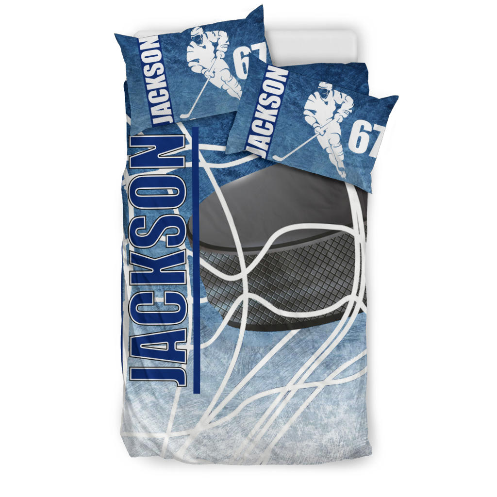 Personalized Hockey Duvet Cover Set, Ice Hockey Puck Player Gift Idea Blue White Duvet Cover & Pillowcases, Custom Name Number Bedding Set - Image 2