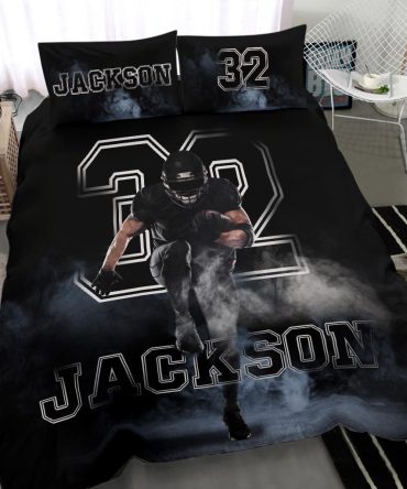 Personalized Football Duvet Cover Set, Footballs Boy Smoke Player Gift Idea Black Duvet Cover & Pillowcases, Custom Name Number Bedding Set