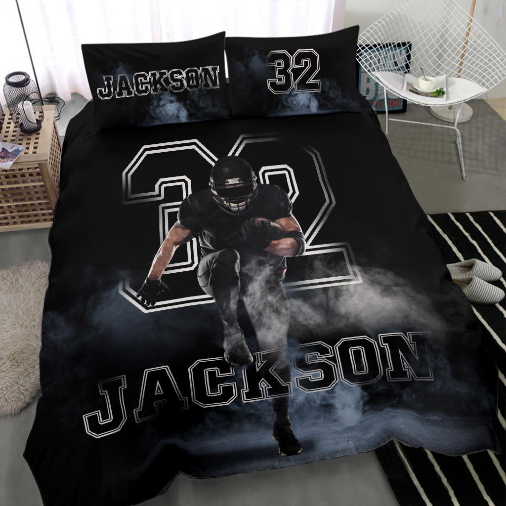 Personalized Football Duvet Cover Set, Footballs Boy Smoke Player Gift Idea Black Duvet Cover & Pillowcases, Custom Name Number Bedding Set - Image 2