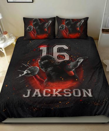 Personalized Football Duvet Cover Set, Football Player Gift Idea Red Black Duvet Cover & Pillowcases, Custom Name Number Bedding Set