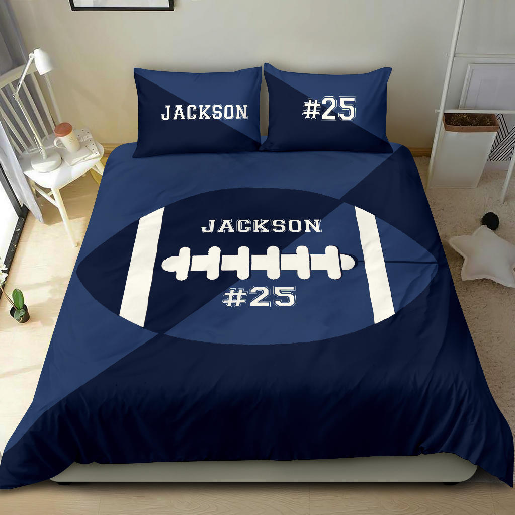 Personalized Football Duvet Cover Set, Football Ball Blue Simple Player Gift Idea Duvet Cover & Pillowcases, Custom Name Number Bedding Set - Image 2