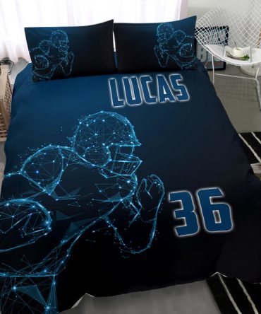 Personalized Football Duvet Cover Set, Football Boy Digital Player Gift Idea Blue Duvet Cover & Pillowcases, Custom Name Number Bedding Set