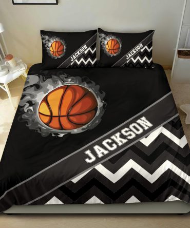 Personalized Basketball Duvet Cover Set, Basketball Smoke Ball Zig Zag Player Gift Black Duvet Cover & Pillowcases, Custom Name Bedding Set