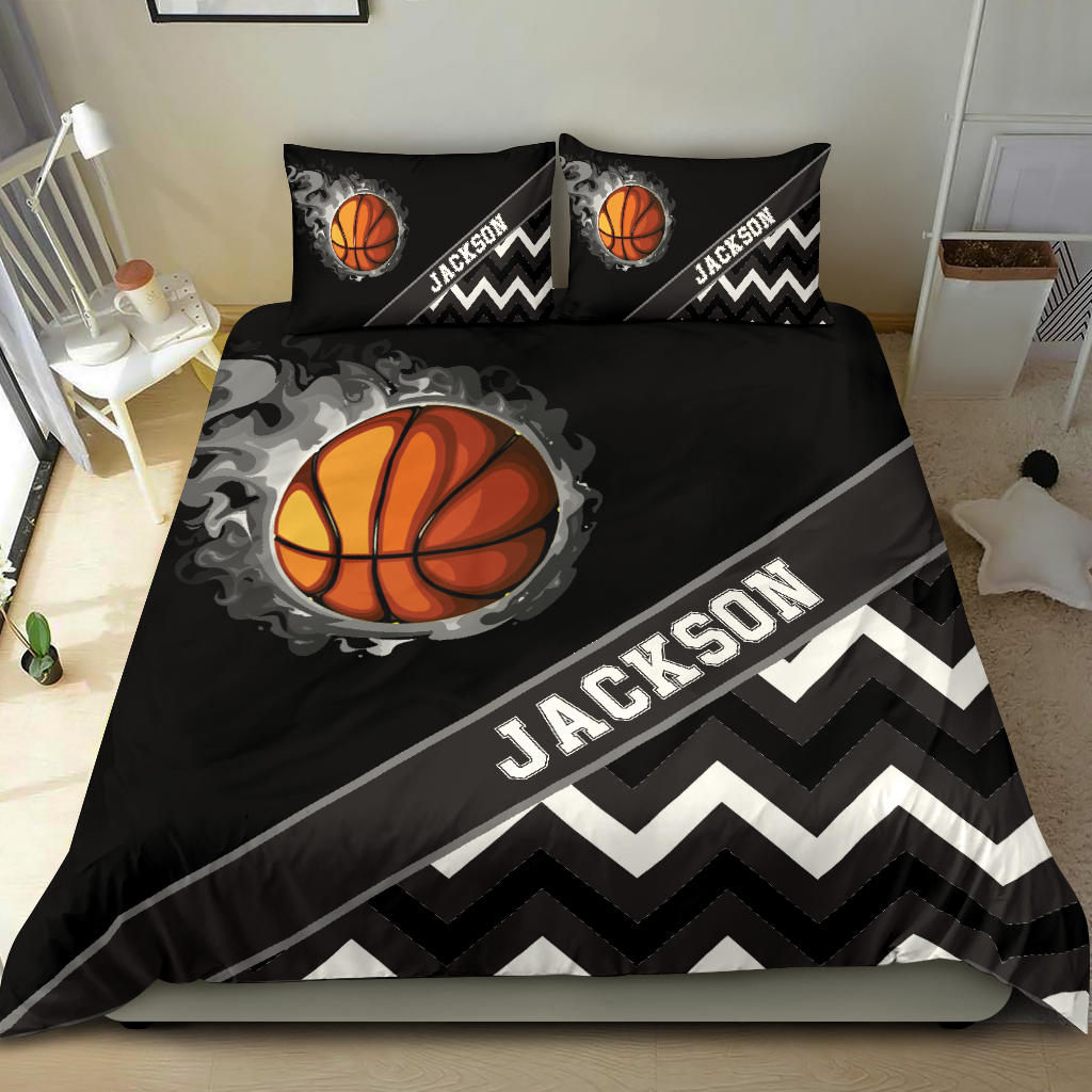 Personalized Basketball Duvet Cover Set, Basketball Smoke Ball Zig Zag Player Gift Black Duvet Cover & Pillowcases, Custom Name Bedding Set