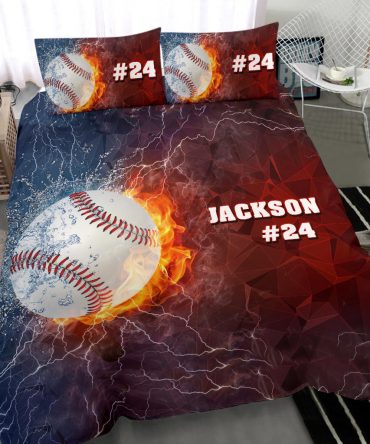 Personalized Baseball Duvet Cover Set, Baseball Ball Thunder Red Blue Player Gift Duvet Cover & Pillowcases, Custom Name Number Bedding Set