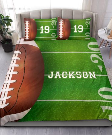 Personalized Football Duvet Cover Set, Football Ball Field Green Player Gift Idea Duvet Cover & Pillowcases, Custom Name Number Bedding Set