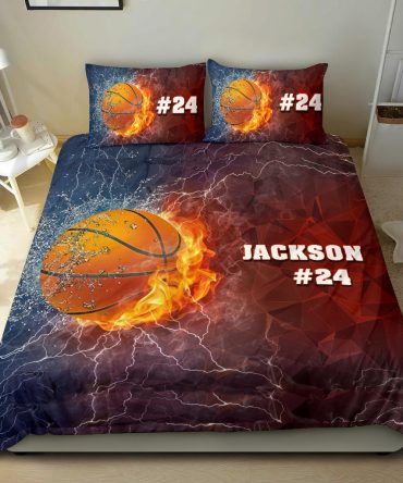 Personalized Basketball Duvet Cover Set, Basketball Ball Thunder Red Blue Player Gift Duvet Cover & Pillowcases, Custom Name Number Bedding Set