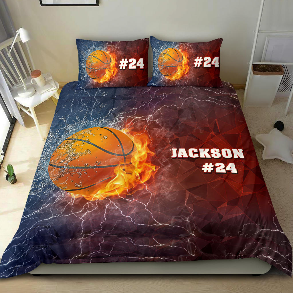 Personalized Basketball Duvet Cover Set, Basketball Ball Thunder Red Blue Player Gift Duvet Cover & Pillowcases, Custom Name Number Bedding Set