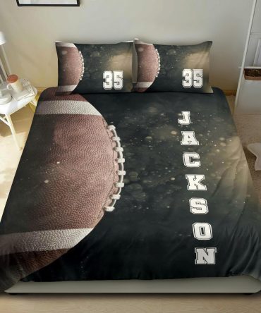 Personalized Football Duvet Cover Set, Football Ball Dust Player Gift Idea Black Duvet Cover & Pillowcases, Custom Name Number Bedding Set
