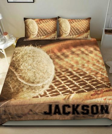 Personalized Tennis Duvet Cover Set, Tennis Ball Vintage Brown Player Gift Idea Duvet Cover & Pillowcases, Custom Name Number Bedding Set
