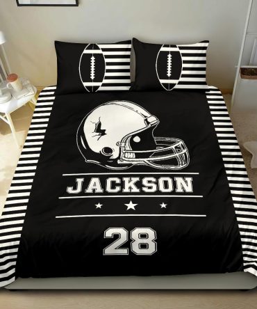 Personalized Football Duvet Cover Set, Football Helmet White Black Stripe Player Duvet Cover & Pillowcases, Custom Name Number Bedding Set