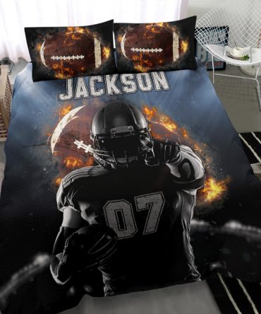 Personalized Football Duvet Cover Set, Footballs Boy Fire Player Gift Idea Black Duvet Cover & Pillowcases, Custom Name Number Bedding Set