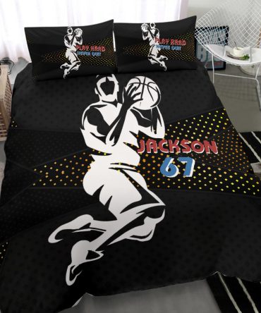 Personalized Basketball Duvet Cover Set, Basketball Play Hard Player Gift Idea Black Duvet Cover & Pillowcases, Custom Name Number Bedding Set